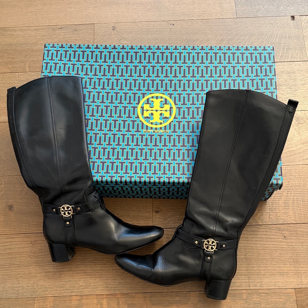 Tory Burch Black Leather Boots with Gold Accents